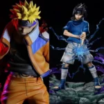 Naruto & Sasuke high-quality anime figures showcasing iconic battle poses, Naruto with Kurama power, Sasuke using Chidori, dynamic lighting