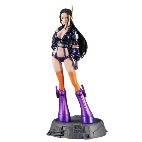 Collectible figure of a woman in a futuristic navy jacket, orange stockings, purple boots, with long black hair, standing on a mechanical-themed base