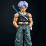 Dragon Ball Trunks collectible figure with lavender hair, black tank top, yellow belt, and sword, standing in a strong pose