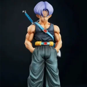 Dragon Ball Trunks collectible figure with lavender hair, black tank top, yellow belt, and sword, standing in a strong pose