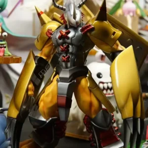 Digimon Black & Gold Greymon Statue: Metallic Gold/Silver Armor, Red Accents, Sharp Claws in Dynamic Pose | Collectible Anime Figure