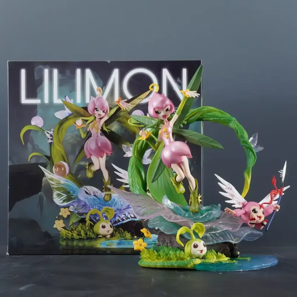 Digimon Lilimon Statue: Pink florals, green vines & translucent wings with mini-companions on botanical base. Anime collectible.