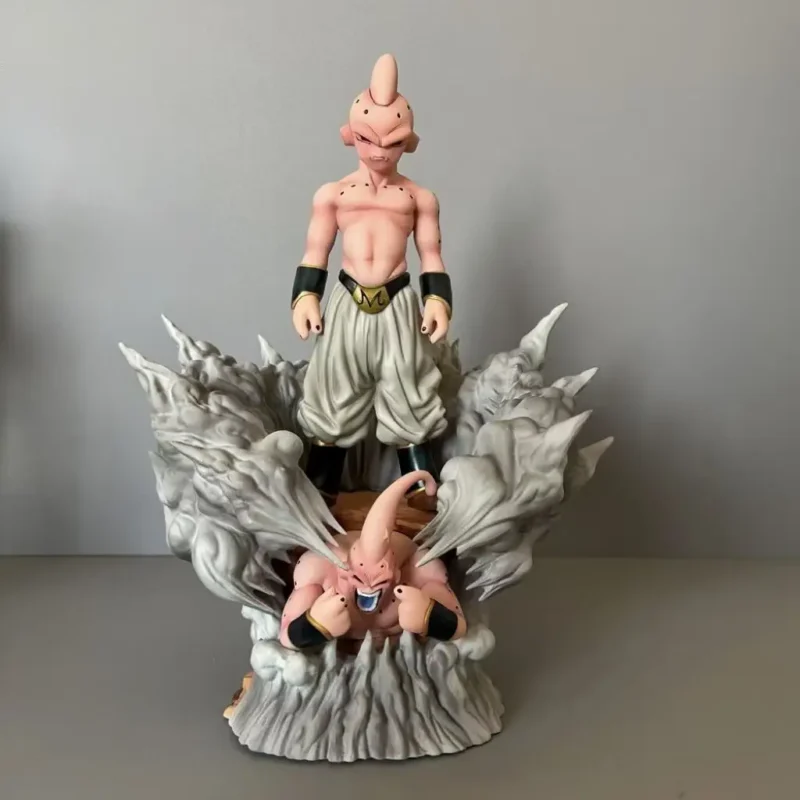 Dragon Ball Majin Buu Statue with Base: Pink muscular figure with iconic belt and wristbands on dynamic rocky base, gray accents, collectible anime sculpture