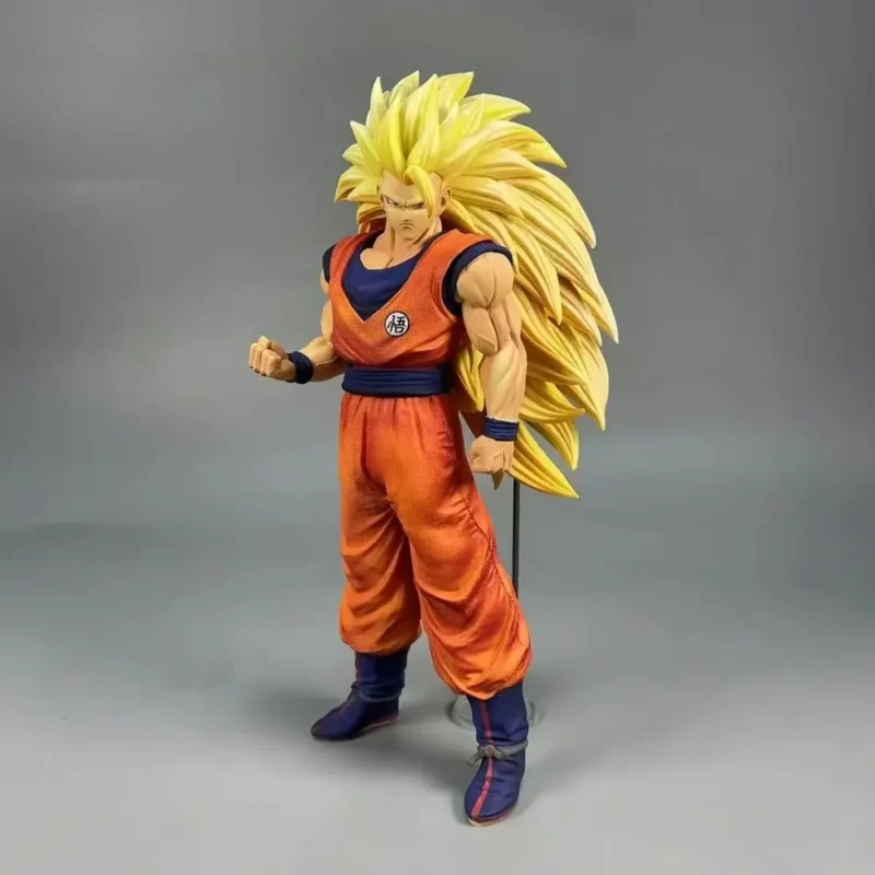 Dragon Ball Z Goku Statue - SSJ3 Goku Red Outfit Figure with dynamic pose, golden spiky hair, blue wristbands, boots, and muscular build.