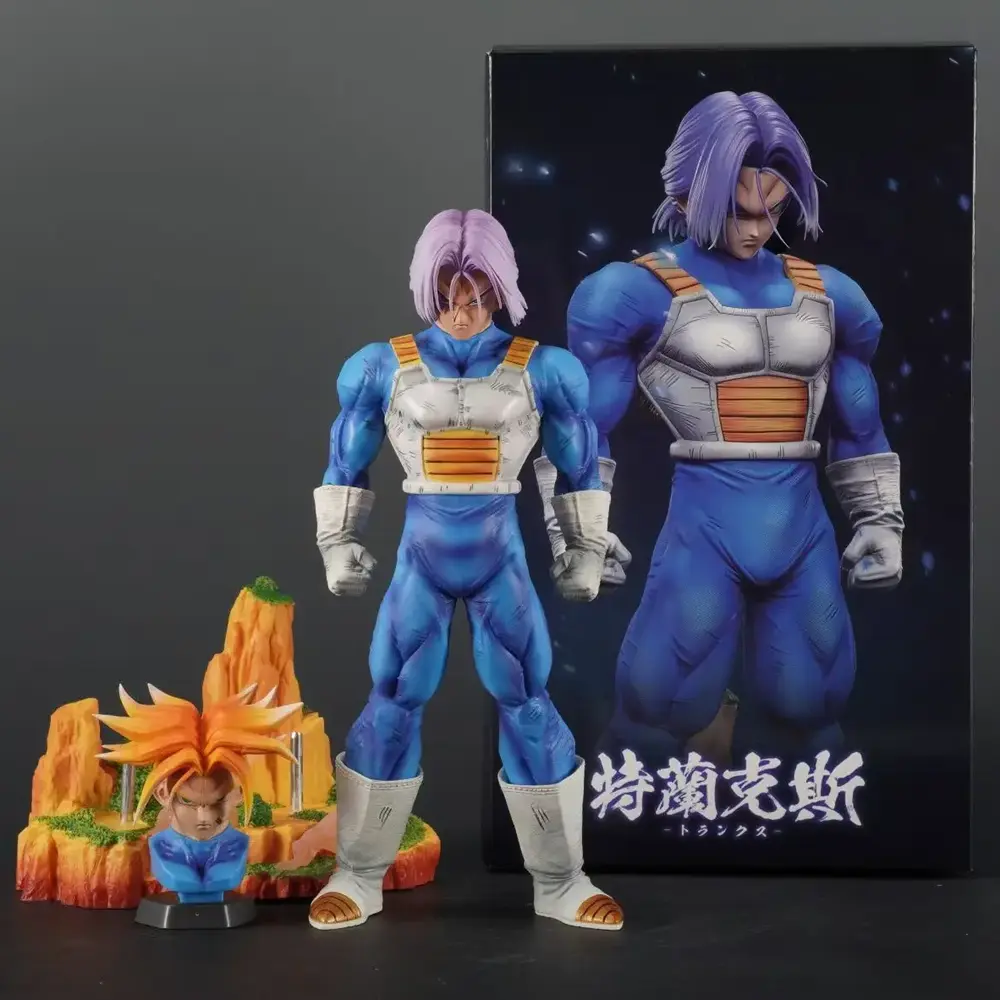 Dragon Ball Z Trunks Statue: Blond/Purple Hair Ver. in dynamic battle pose, vivid blue-white suit with sculpted details on display base. Anime collectible.