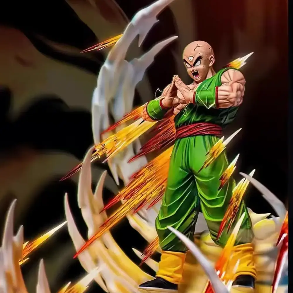 Dragon Ball Z Statue: Ki Blast Tien Shinhan in dynamic combat pose, glowing energy explosion, green gi, detailed muscles, vibrant LED effects.