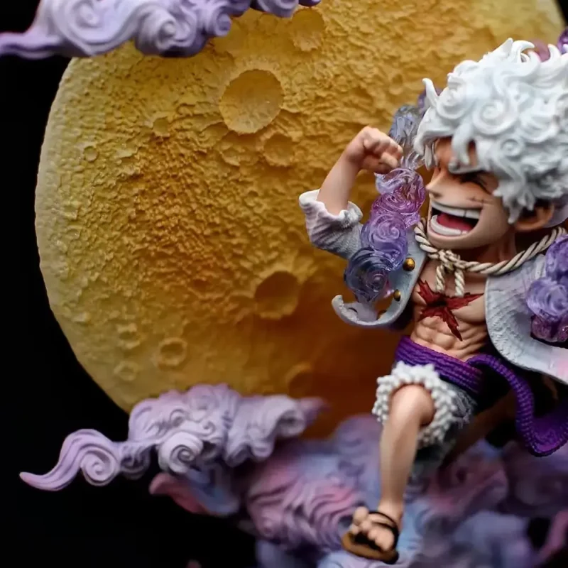 One Piece Luffy Statue mid-leap before a golden moon, surrounded by a swirling purple-white glow and dynamic fabric folds.