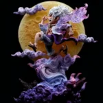 One Piece Luffy Statue in mid-motion under a golden full moon, surrounded by flowing purple-blue clouds and a mystic aura.