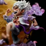 One Piece Luffy Statue mid-leap with wild white hair, purple-accented outfit, and vibrant dynamic detailing.