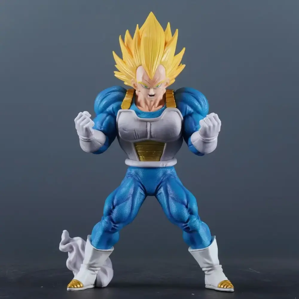 Vegeta Statue with spiked yellow hair/blue armor - dynamic battle pose, detailed metallic sculpture