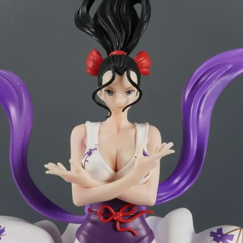 Nico Robin Statue from One Piece - detailed collectible with crossed arms, black hair, red bows, white and purple outfit